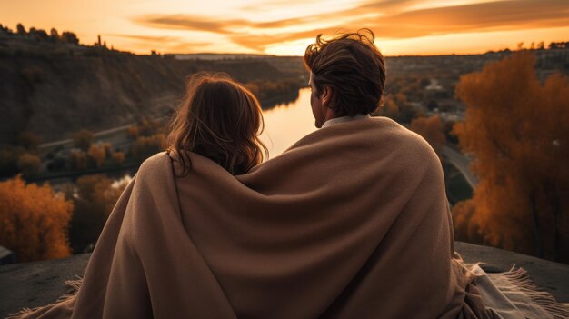 Man and woman wrapped in a blanket watching a sunset