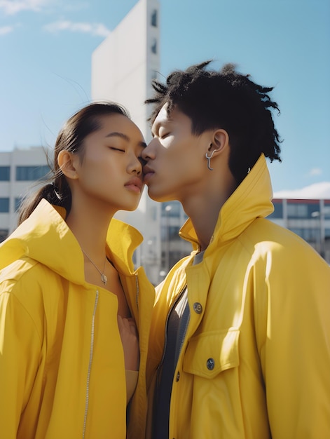 A man and woman in yellow raincoats kiss in front of a building.