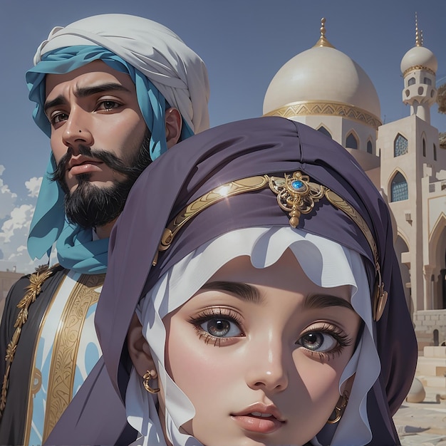 man and women looking at the sky portrait vector illustration in the style of moosa al halyan Art
