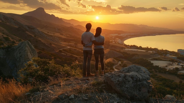 男性と女性がクリミア山の夕暮れの景色を眺めている