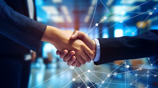 man and women shaking hands after an interview with bi data blue connections