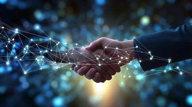 Photo man and women shaking hands after an interview with bi data blue connections