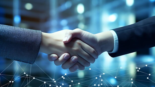 man and women shaking hands after an interview with bi data blue connections