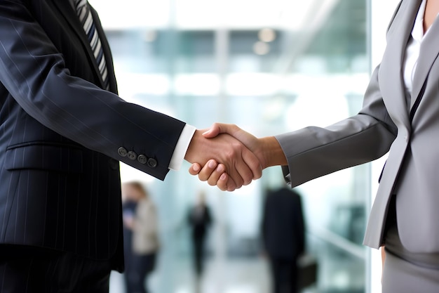 man and women shaking hands wearing suits in an office