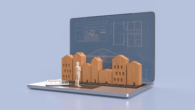 3Dレンダリングのノートブックで木製の家を描く 3D レンダリングコンセプト