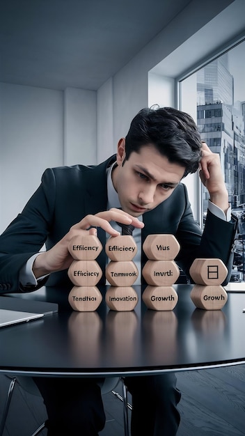 Photo man and wooden cubes on table management concept