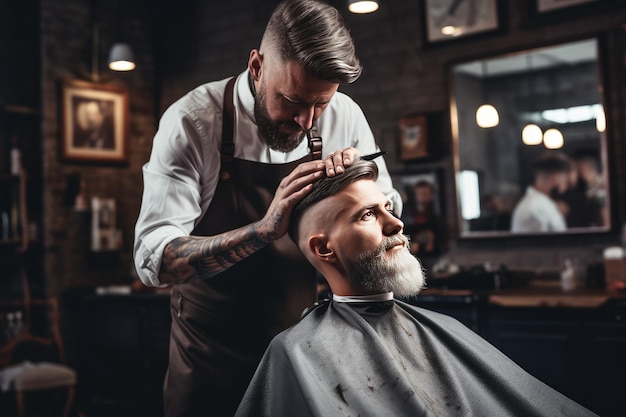 Man wordt geknipt in een kapperswinkel Foto jonge baarde man zit en wordt geknift in een kapper