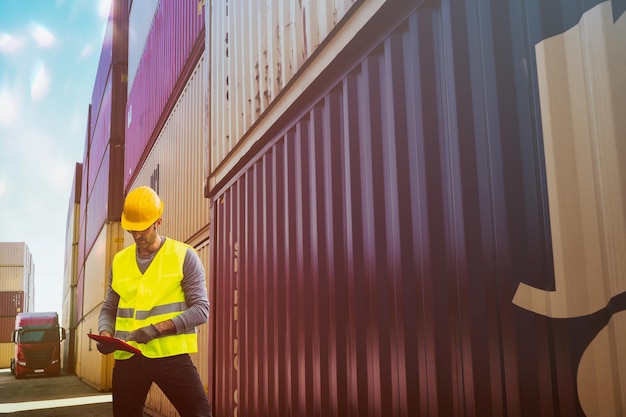 Uomo al lavoro tra container in un porto commerciale