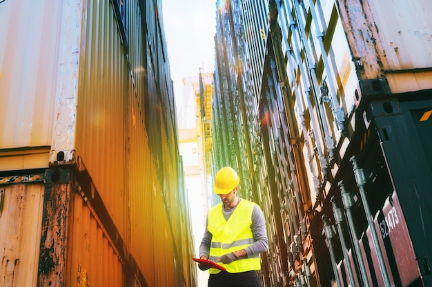 Uomo al lavoro tra container in un porto commerciale