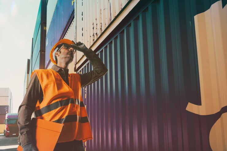 Man at work among containers in a commercial port