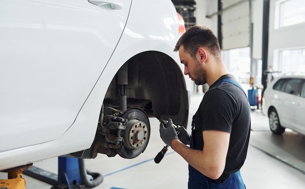 Man in work uniform repairs car indoors Conception of automobile service