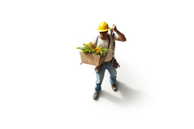 Man worker aerial view isolated white background