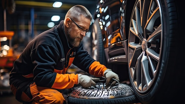 A man worker changes alloy wheels on a car from summer to winter tires making repairs