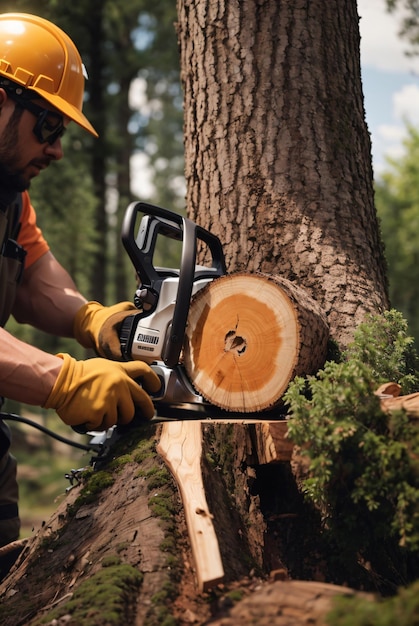 Photo man worker cutting trees using an electrical chainsaw