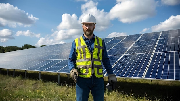 Man worker in the firld by the solar panels