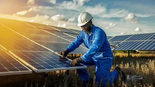 Photo man worker in the firld by the solar panels