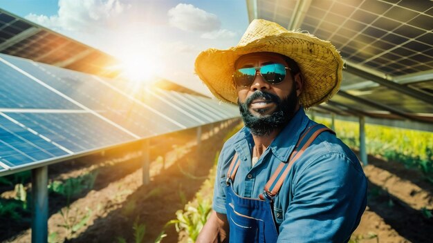 Photo man worker in the firld by the solar panels