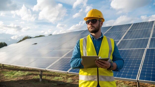 Man worker in the firld by the solar panels