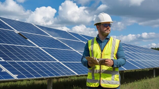 Man worker in the firld by the solar panels