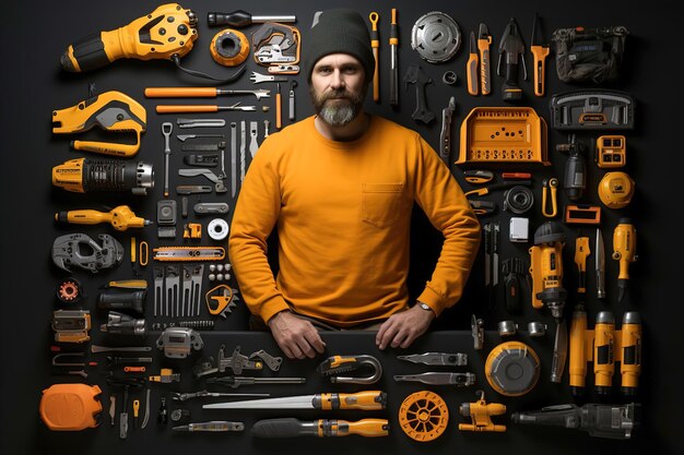 A man worker in front of a wall of tools