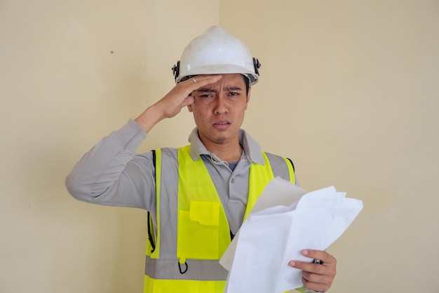 Man worker sweat at worksite hot weather today