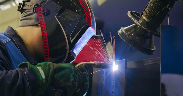 Photo a man worker welding the seams between the metal beams indoors