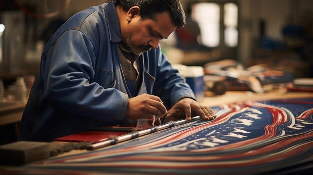 アメリカ 旗 の 毛布 を 作っ て いる 人
