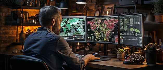a man working as a trader uses a computer with multiple monitors to display digital data and charts