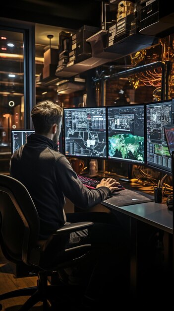a man working as a trader uses a computer with multiple monitors to display digital data and charts
