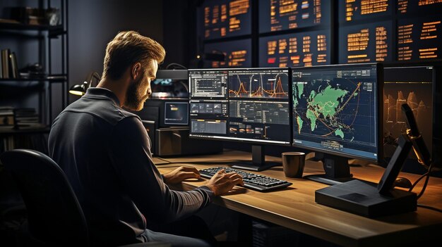 a man working as a trader uses a computer with multiple monitors to display digital data and charts