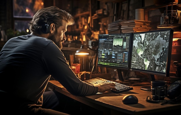 a man working as a trader uses a computer with multiple monitors to display digital data and charts