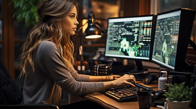 a man working as a trader uses a computer with multiple monitors to display digital data and charts