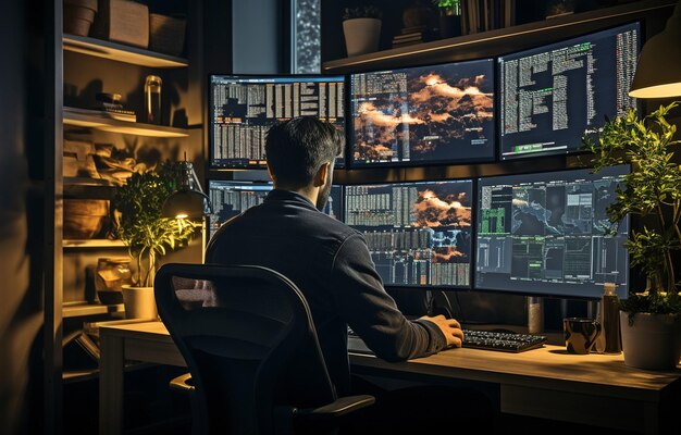 a man working as a trader uses a computer with multiple monitors to display digital data and charts