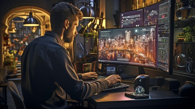 a man working as a trader uses a computer with multiple monitors to display digital data and charts