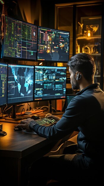 a man working as a trader uses a computer with multiple monitors to display digital data and charts