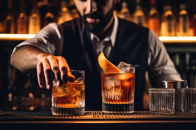 Man working in a bar preparing several colorful cocktails Concept of soft drinks and hospitality