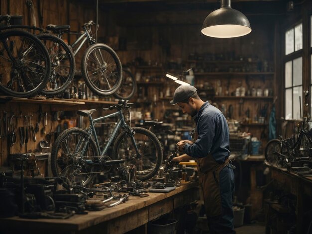 a man working in a bike shop with many bicycles on shelves and a lamp