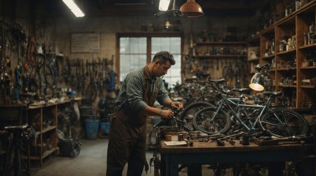 선반에 많은 자전거가 있는 작업장에서 자전거 작업을 하는 남자