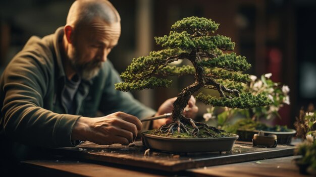 Photo man working on a bonsai tree