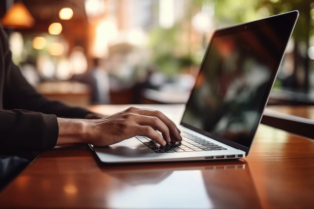 Man working in cafe using laptop Typing on keyboard Generative AI