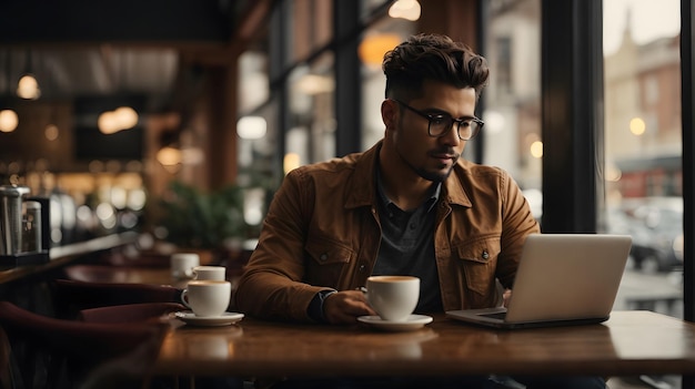 man working on cafe with computer