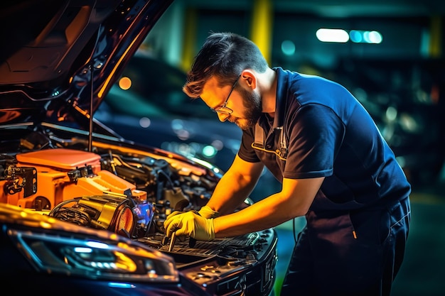 Man working on car engine in car showroom at night Generative AI