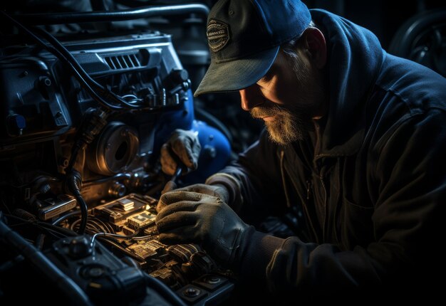 Man Working on Car Engine in the Dark