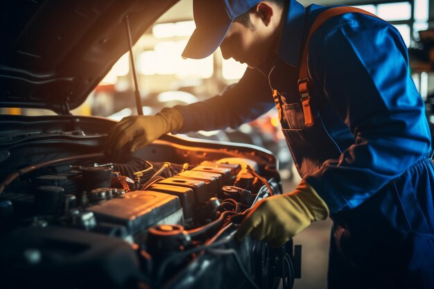 Foto un uomo che lavora su un motore di auto in un garage