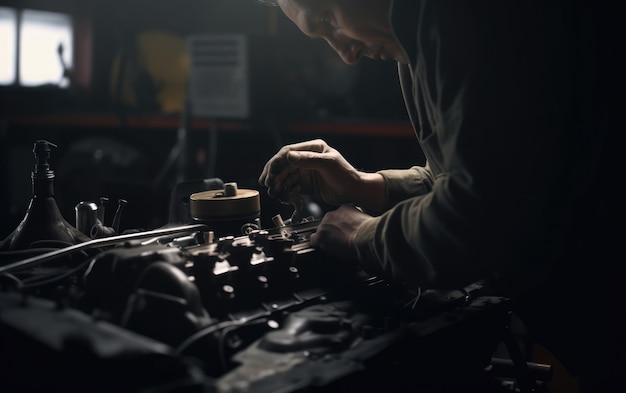 ガレージで車のエンジンに取り組んでいる男性