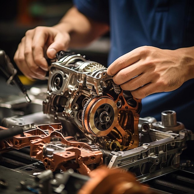 a man working on a car engine with the word " on it.