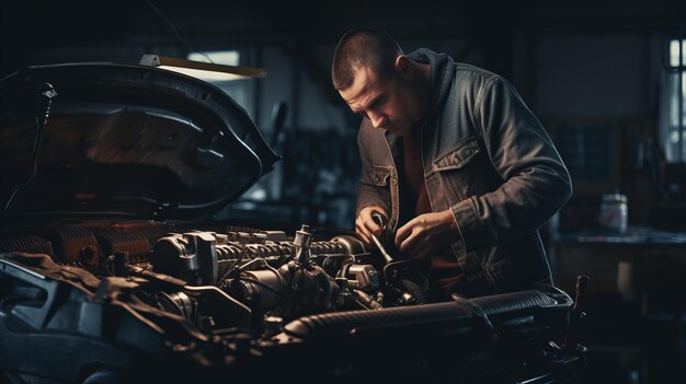 Photo a man working on a car engine