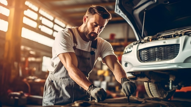 a man working on a car in a garage Generative AI