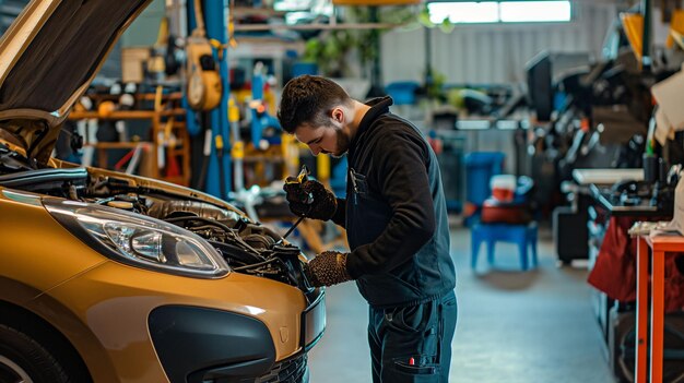 Foto uomo che lavora su un'auto in un garage