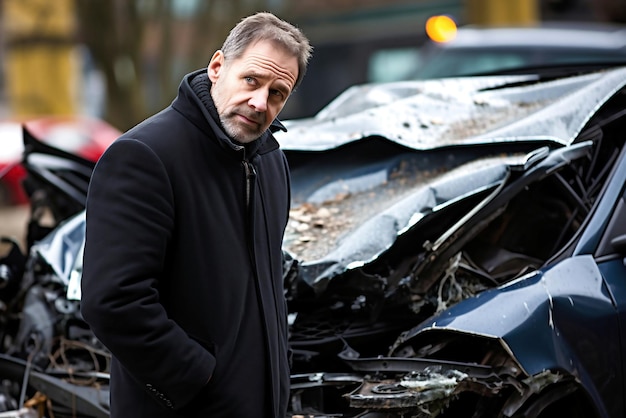 Photo a man working on a car that has been badly damaged serious car accident road traffic accident